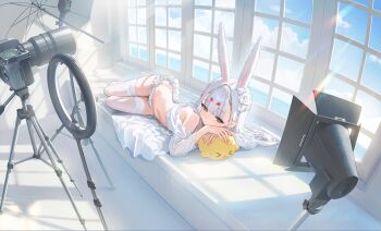 1girl absurdres animal_ears artist_request azur_lane bed blue_sky bow bow_panties brown_eyes camera flower food frilled_panties frills hair_flower hair_ornament highres indoors long_hair lying manjuu_(azur_lane) navel no_pants non-web_source ocean off_shoulder official_art on_side panties rabbit_ears rabbit_girl shimakaze_(azur_lane) shirt sky spotlight steamed_bun stomach thighhighs thighs underwear very_long_hair white_hair white_panties white_shirt white_thighhighs window