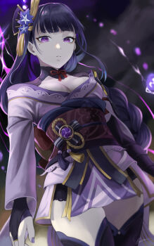 1girl absurdres artist_name blunt_bangs blurry blurry_background braid breasts bridal_gauntlets cleavage clothing_cutout cloud cloudy_sky commentary depth_of_field electricity fan_hair_ornament fengling_(furin-jp) genshin_impact glowing gradient_hair grey_sky hair_ornament head_tilt highres japanese_clothes kimono large_breasts leaning_to_the_side lingerie long_braid long_hair looking_at_viewer mitsudomoe_(shape) mole mole_under_eye multicolored_hair neck_ribbon off_shoulder parted_lips purple_eyes purple_hair purple_kimono purple_nails purple_thighhighs raiden_shogun red_ribbon red_sash ribbon sash shade signature single_braid sky solo storm streaked_hair thighhighs tomoe_(symbol) underwear upper_body wide_sleeves