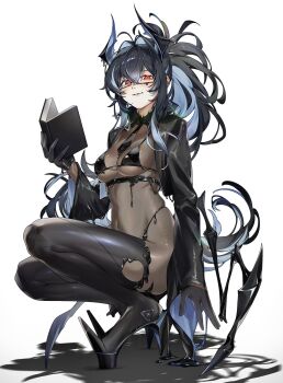 1girl bahamut_(nikke) bikini black_boots black_gloves black_hair black_jacket black_liquid black_necktie bodystocking book boots breasts closed_mouth commentary covered_navel cropped_jacket crossed_bangs earclip full_body glasses gloves goddess_of_victory:_nikke grey_hair hair_between_eyes hair_intakes high_heel_boots high_heels highleg highleg_bikini highres holding holding_book horns jacket latex_bikini liquid_clothes long_hair long_sleeves looking_at_viewer medium_breasts mole mole_under_mouth multicolored_hair navel_piercing necktie nochi_22 open_clothes open_jacket piercing ponytail red_eyes see-through_cleavage see-through_clothes semi-rimless_eyewear sidelocks simple_background skindentation slit_pupils smile solo squatting swimsuit thigh_boots two-tone_hair under-rim_eyewear underbust very_long_hair white_background