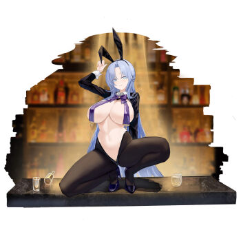 Rule 34 | 1girl, :3, absurdly long hair, absurdres, alsace (azur lane), animal ear hairband, animal ears, arm support, azur lane, bar (place), black hairband, black hiphighs, black shoes, black shrug, blue eyes, blue hair, bow, bowtie, braid, breast curtains, breasts, closed mouth, commentary, curtained hair, fake animal ears, full body, hairband, half up braid, hands up, high heels, highres, hiphighs, huge breasts, linea alba, long hair, looking at viewer, navel, parted hair, pumps, purple bow, purple bowtie, rabbit ear hairband, rabbit ears, reverse bunnysuit, reverse outfit, shoes, shrug (clothing), smile, solo, spread legs, squatting, stomach, suo bu ye feng, very long hair