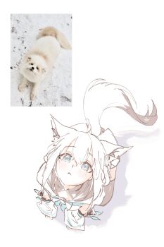 Rule 34 | 1girl, absurdres, ahoge, animal ear fluff, animal ear piercing, animal ears, aqua eyes, bare shoulders, black tail, black thighhighs, blue neckerchief, braid, commentary request, crossed bangs, detached sleeves, double-parted bangs, earrings, extra ears, fox ears, fox girl, fox tail, full body, highres, hololive, hood, hoodie, hyde (tabakko), jewelry, long hair, looking at viewer, looking up, low-tied long hair, multicolored tail, neckerchief, pentagram, photo-referenced, sailor collar, shirakami fubuki, shirakami fubuki (1st costume), side braid, sidelocks, simple background, single braid, single earring, single thighhigh, solo, tail, thighhighs, virtual youtuber, white background, white hair, white hoodie, white tail