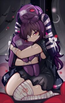 1girl 1other bandages black_hair black_skirt blood eyepatch holding holding_toy indie_virtual_youtuber kneeling likesac1 skirt solo toy yawners