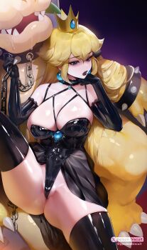 Rule 34 | 1boy, 1girl, absurdres, ass, black dress, black gloves, black leotard, black lips, black thighhighs, blonde hair, bowser, bowsette, bowsette (cosplay), breasts, chain, chain leash, collar, cosplay, crown, dress, elbow gloves, gloves, highres, himerin, large breasts, latex, latex gloves, latex thighhighs, leash, leotard, long hair, mario (series), nintendo, princess peach, spiked collar, spikes, thighhighs