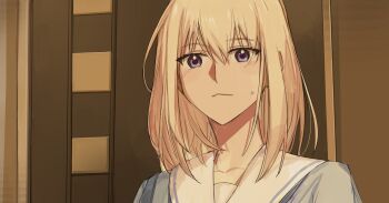 Rule 34 | 1girl, absurdres, bang dream!, bang dream! it's mygo!!!!!, blonde hair, blue shirt, closed mouth, commentary, hanasakigawa school uniform, highres, looking at viewer, medium hair, misumi uika, portrait, purple eyes, sailor collar, school uniform, shirt, solo, sweatdrop, white sailor collar, xinyi6239222644