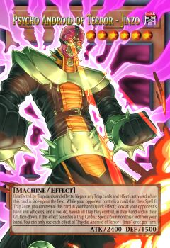 armor aura bracelet card_(medium) clenched_hands colored_skin cowboy_shot duel_monster explosion fake_trading_card highres jewelry jinzo_(yu-gi-oh!) laser_sight mask moltengates pink_skin red_eyes robe shoulder_armor spiked_belt spiked_bracelet spikes user_interface veins yu-gi-oh! zipper_pull_tab