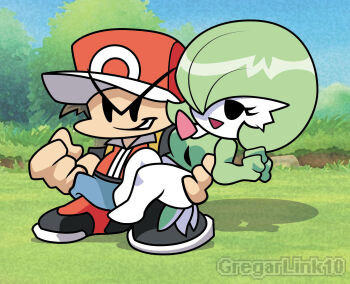 1boy 1girl artist_name black_eyes bob_cut carrying carrying_person colored_skin friday_night_funkin&#039; gardevoir gen_3_pokemon grass green_hair green_skin gregarlink10 hair_over_one_eye hat multicolored_skin nintendo on_grass outdoors pokemon pokemon_(creature) pokemon_frlg red_(pokemon) red_hat smirk tree two-tone_skin white_skin