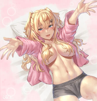 1girl black_shorts blonde_hair breasts censored commentary_request convenient_censoring convenient_hair fur_jacket grey_eyes hair_between_eyes hair_ornament hair_over_breasts hairclip head_on_pillow highres jacket kantai_collection kokuzou large_breasts long_hair looking_at_viewer lying minneapolis_(kancolle) navel on_back pillow pink_jacket reaching reaching_towards_viewer short_shorts shorts smile solo toned two_side_up wavy_hair