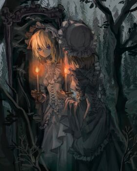 1girl artist_request bang_dream! bang_dream!_it's_mygo!!!!! blonde_hair candle candlestand chinese_commentary commentary_request commission corset dress expressionless feet_out_of_frame fire forest from_behind gothic_lolita grey_background hat highres holding holding_candlestand lolita_fashion long_sleeves medium_hair mirror misumi_uika mob_cap muted_color nature outdoors purple_eyes reflection second-party_source solo standing tree white_corset white_dress