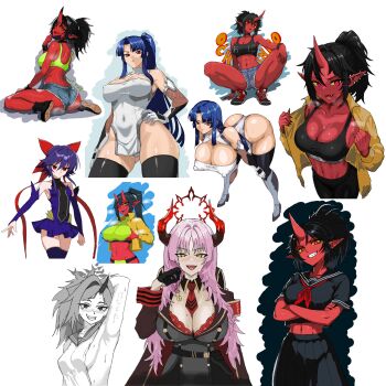 5girls action_taimanin artist_request ass axe blue_hair bodysuit breasts character_request curvy demon_girl full_body grin hair_ribbon helltaker high_ponytail highres hime_cut horns huge_ass kagano_ai large_breasts long_hair magical_girl mahou_shoujo_ai multiple_girls multiple_views ponytail ribbon simple_background single_horn smile taimanin_(series) taimanin_murasaki taimanin_rpgx very_long_hair wide_hips yatsu_murasaki