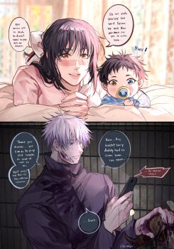 1girl 2boys baby black_hair black_jacket blue_eyes bow burn_scar colored_eyelashes commentary couple english_commentary gojou_satoru headpat heterochromia high_collar highres iori_utahime jacket japanese_clothes jujutsu_kaisen jujutsu_tech_uniform miko multiple_boys on_bed phone qeanoya scar scar_on_face short_hair signature smile speech_bubble teeth upper_teeth_only white_bow white_eyelashes white_hair