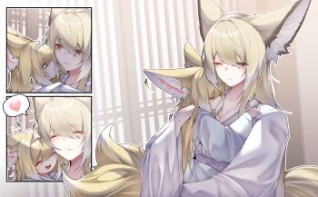 2girls absurdres alternate_costume animal_ear_fluff animal_ears arknights blonde_hair closed_eyes commentary dated_commentary fox_ears fox_girl fox_tail heart highres kitsune kyuubi mother_and_daughter multiple_girls multiple_tails romaji_commentary samip spoken_heart suzuran_(arknights) tail vulpisfoglia_(arknights)