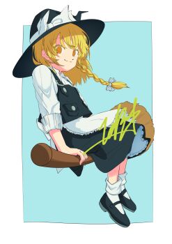 1girl absurdres apron black_hat black_shoes black_skirt black_vest blonde_hair bow braid broom broom_riding closed_mouth commentary_request doggo_1d34 hair_bow hat hat_bow highres kirisame_marisa long_hair looking_at_viewer mary_janes shoes side_braid single_braid skirt smile solo touhou vest waist_apron white_apron white_bow witch_hat yellow_eyes