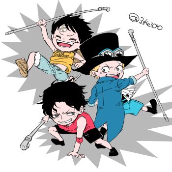 Rule 34 | 3boys, aged down, ascot, bandaid, bandaid on face, bandaid on forehead, black hair, black hat, black shorts, blonde hair, blue coat, blue shorts, coat, commentary request, freckles, full body, goggles, goggles on headwear, hat, highres, holding, holding lead pipe, lead pipe, male focus, mike (tomatomato244), monkey d. luffy, multiple boys, one piece, open mouth, parted lips, portgas d. ace, red tank top, sabo (one piece), sandals, short hair, shorts, tank top, white ascot, yellow tank top