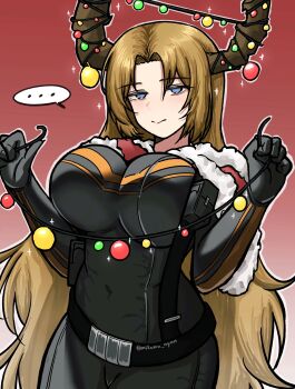 ... 1girl absurdres antlers artist_name belt black_gloves blue_eyes blush breasts brown_hair christmas closed_mouth commentary covered_navel gloves gradient_background highres horns large_breasts limbus_company long_hair looking_at_viewer mitama_nyan outline project_moon r_corp._(identity)_(project_moon) red_background reindeer_antlers reindeer_girl rodion_(project_moon) smile solo sparkle spoken_ellipsis standing symbol-only_commentary twitter_username upper_body very_long_hair white_outline