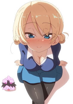 1girl absurdres black_pantyhose blonde_hair blue_eyes blush braid breasts cleavage closed_mouth darjeeling_(girls_und_panzer) girls_und_panzer highres jinguu_(4839ms) large_breasts looking_at_viewer miniskirt pantyhose school_uniform simple_background skirt smile solo st._gloriana&#039;s_school_uniform white_background