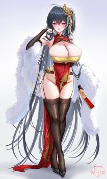 1girl absurdres ahoge arm_up armpits artist_name azur_lane bare_shoulders between_thighs black_hair black_shoes black_thighhighs blush breasts bridal_gauntlets china_dress chinese_clothes cleavage cleavage_cutout clothing_cutout commentary_request covered_navel crossed_bangs dress feather_boa fishnet_thighhighs fishnets full_body garter_straps gold_trim hair_between_eyes hair_ornament hand_fan high_heels highres holding holding_fan huge_breasts long_hair looking_at_viewer mixed-language_commentary no_panties official_alternate_costume open_mouth pafekui pelvic_curtain print_dress red_dress red_eyes revealing_clothes shoes sidelocks simple_background sleeveless sleeveless_dress solo standing taihou_(azur_lane) taihou_(phoenix&#039;s_spring_song)_(azur_lane) thighhighs tongue two-tone_dress very_long_hair white_background