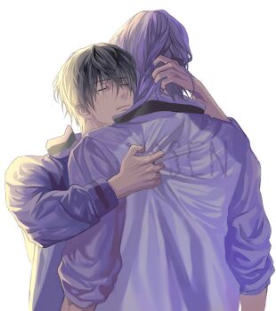 2boys aso_lago black_hair closed_eyes commentary_request crying height_difference himuro_tatsuya hug jacket kuroko_no_basuke male_focus mole mole_under_eye multiple_boys murasakibara_atsushi purple_hair short_hair simple_background tears upper_body white_background