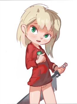 1girl blonde_hair bottomless cleft_of_venus female_focus green_eyes highres holding holding_sword holding_weapon hood hoodie loli looking_at_viewer naked_hoodie open_mouth original orphira pussy red_hoodie solo standing sword teeth uncensored upper_teeth_only weapon white_background