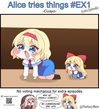 Rule 34 | 3girls, alice margatroid, blonde hair, blue dress, blush, bnelsey, boots, bow, brown boots, capelet, commentary, crossover, dress, english commentary, english text, hair bow, hairband, ko-fi logo, long hair, meme, multiple girls, open mouth, qr code, red bow, red hairband, shanghai doll, speaki (trickcal), speakiposting (meme), speech bubble, tearing up, touhou, trickcal, twitter username, very long hair, white capelet