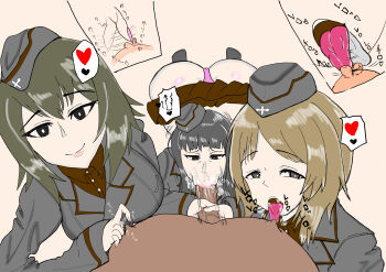 Rule 34 | 1boy, 3girls, absurdres, ass, black eyes, black hair, breasts, brown hair, cum, cum in mouth, fellatio, fffm foursome, girls und panzer, group sex, heart, hetero, highres, kuromorimine military uniform, large breasts, licking, licking nipple, looking at viewer, mature female, mother and daughter, multiple girls, nipple stimulation, nishizumi maho, nishizumi miho, nishizumi shiho, open mouth, oral, oyakodon (sex), penis, pov, saliva, shiyomoto0717, teamwork (sexual), tongue, tongue out