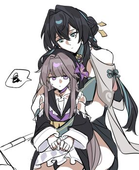 2girls aqua_eyes beret black_hair brown_hair chin_rest choker clothing_cutout doll_joints dress flower gloves hashtag-only_commentary hat head_on_head head_rest herta_(honkai:_star_rail) herta_(puppet)_(honkai:_star_rail) highres honkai:_star_rail honkai_(series) hug hug_from_behind joints kabokwa long_hair multicolored_hair multiple_girls purple_eyes ruan_mei_(honkai:_star_rail) streaked_hair yuri