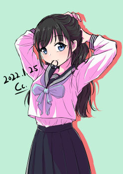 1girl absurdres akebi-chan_no_serafuku akebi_komichi arms_behind_head arms_up black_hair blue_bow blue_bowtie blue_sailor_collar blue_skirt bow bowtie cc._(artist) commentary_request hair_tie hair_tie_in_mouth highres holding holding_own_hair long_hair looking_at_viewer mouth_hold pleated_skirt ponytail roubai_academy_school_uniform_(old) sailor_collar school_uniform serafuku shirt simple_background skirt solo tying_hair undershirt undershirt_peek white_shirt