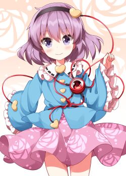 1girl black_hairband blouse blue_shirt blush buttons closed_mouth collared_shirt commentary_request contrast_collar cowboy_shot frilled_shirt_collar frilled_sleeves frills hair_between_eyes hairband hand_up heart heart_button highres komeiji_satori long_sleeves looking_at_viewer pink_skirt purple_eyes purple_hair ribbon_trim ruu_(tksymkw) shirt short_hair skirt smile solo standing third_eye touhou wide_sleeves