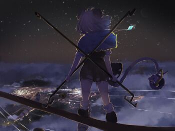 >_< absurdres animal_ears basket capelet cloud commentary crystal dowsing_rod grey_hair grey_skirt grey_vest highres holding holding_basket holding_rod jewelry moon mouse_(animal) mouse_ears mouse_tail nazrin necklace night pendant rod shirt short_hair short_sleeves skirt star_(sky) suwa_(au_swap) tail touhou vest white_shirt