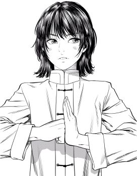 1other androgynous chinese_clothes commentary_request hatching_(texture) highres lee_(dragon_garou) lips medium_hair monochrome original other_focus parted_lips sideways_glance solo tangzhuang