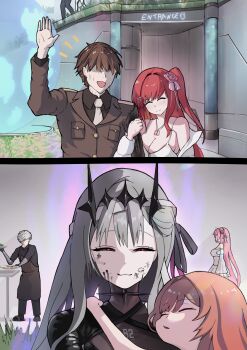 2boys 6+girls absurdres apron aura bandaged_head bandages bare_shoulders behemoth_(nikke) black_dress black_gloves black_liquid black_tiara blush breasts broken_bone brown_apron brown_hair cleavage commander_(nikke) commentary_request dark_aura dog_tags doro_(nikke) dorothy_(luna_light)_(nikke) dorothy_(nikke) drawing_on_another's_face dress faceless faceless_male facepaint facial_mark false_smile flower four_beasts_(nikke) gloves goddess_of_victory:_nikke grey_hair hair_flower hair_intakes hair_ornament hair_over_eyes head_out_of_frame heretics_(nikke) highres holding jacket jealous johan_(nikke) large_breasts leviathan_(nikke) liquid_clothes long_hair long_sidelocks looking_at_viewer marian_(nikke) marukei2010215 military_jacket military_uniform modernia_(nikke) modernia_(second_affection)_(nikke) multiple_boys multiple_girls narrowed_eyes official_alternate_costume only_one_(nikke) open_mouth padded_jacket pink_flower pink_hair pink_rose rapi_(nikke) rapi_(red_hood)_(nikke) rapi_(red_hood)_(shining_light)_(nikke) red_eyes red_hair ribbon rose see-through_clothes short_hair sidelocks silver_skirt sleeping sleeping_on_person smile squeezing squinting star_(symbol) star_facial_mark sticker sweat tank_top tiara very_long_hair white_gown white_hair white_jacket white_tank_top x-ray