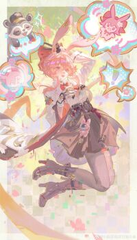 1girl absurdres animal_ears arm_up asymmetrical_gloves black_boots black_gloves black_pantyhose black_skirt boots chinese_commentary commentary_request evanescia_(honkai:_star_rail) flower fox_ears fox_girl full_body gloves hair_flower hair_ornament hand_up highres honkai:_star_rail honkai_(series) jacket jumping long_sleeves looking_at_viewer mismatched_gloves open_clothes open_jacket open_mouth pantyhose partially_fingerless_gloves pink_hair ruanxiao shirt short_hair_with_long_locks skirt smile solo v watermark weibo_watermark white_gloves white_jacket white_shirt