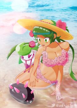 1girl beach bikini breasts cleavage dark-skinned_female dark_skin flower gen_7_pokemon green_eyes green_hair hat long_hair mallow_(pokemon) nintendo ocean pokemon pokemon_sm pyukumuku sand swimsuit tsareena twintails very_long_hair water yodok
