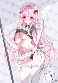 1girl absurdres apron black_panties black_shirt blush bow bowtie breasts cat clothes_pull collared_shirt duster highres holding holding_duster hook large_breasts long_hair looking_at_viewer maid maid_apron navel original panties pink_eyes pink_hair pink_nails shirt shirt_pull smile stomach sweat tandohark thighhighs thighs unconventional_maid underboob underwear waist_apron white_apron white_bow white_bowtie white_thighhighs white_wrist_cuffs wrist_cuffs