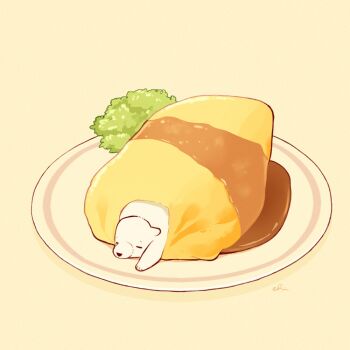 bear chai_(drawingchisanne) closed_eyes food lying no_humans omelet omurice on_stomach original plate polar_bear signature solo undersized_animal yellow_background