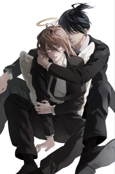 2boys angel_devil_(chainsaw_man) angel_wings black_hair black_jacket black_necktie black_pants black_socks chainsaw_man closed_mouth collared_shirt commentary_request earrings feathered_wings feet_out_of_frame full_body hair_between_eyes halo hayakawa_aki highres hug hug_from_behind jacket jewelry jxnhanj korean_commentary male_focus multiple_boys necktie pants shirt shoe_soles short_hair socks teeth topknot traditional_halo white_shirt white_wings wings yaoi