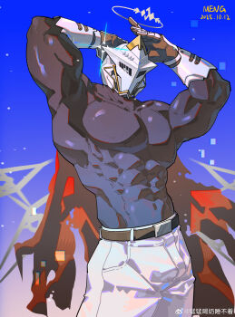 1boy abs absurdres arknights artist_name bara black_shirt cape chinese_commentary commentary_request dated dmsjji12 halo helmet highres male_focus muscular muscular_male pants pectorals red_cape sankta_miksaparato_(arknights) shirt skin_tight sparkle torn_cape torn_clothes watermark weibo_watermark white_pants