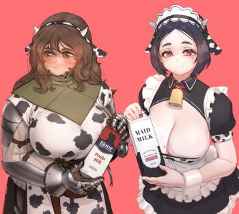 2girls absurdres animal_ears animal_print armor belt black_hair blush breasts brown_eyes brown_hair cleavage cow_ears cow_girl cow_horns cow_print dress drink_carton gambeson gauntlets go!_go!_gris! highres holding horns implied_breast_milk implied_lactation lady_lucerne_(ironlily) large_breasts long_hair looking_at_viewer maid medieval milk milk_carton mole mole_on_breast mole_under_eye multiple_girls muuko_(go!_go!_gris!) ordo_mediare_sisters_(ironlily) original red_eyes short_hair short_sleeves smile surcoat wass_nonnam