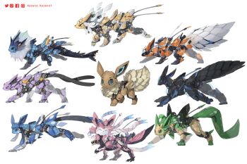 animal_focus artist_name black_sclera claws closed_eyes closed_mouth collage colored_sclera commentary eevee espeon evolutionary_line facebook_logo facebook_username fins flareon forehead_jewel forked_tail gen_1_pokemon gen_2_pokemon gen_4_pokemon gen_6_pokemon glaceon head_fins highres instagram_logo instagram_username jolteon leafeon mechanization nintendo no_humans non-humanoid_robot pixiv_logo pixiv_username pokemon pokemon_(creature) robot robot_animal science_fiction simple_background sylveon tail twitter_logo twitter_username umbreon vaporeon white_background xezeno