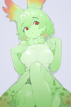 Rule 34 | 1girl, animal ears, bare shoulders, bow, bowtie, breasts, cellval, colored skin, commentary request, extra ears, green bow, green bowtie, green hair, green shirt, green skin, green skirt, green thighhighs, grey background, highres, kemono friends, large breasts, looking at viewer, lowlandgorilla, red eyes, shirt, short hair, simple background, skirt, sleeveless, sleeveless shirt, solo, thighhighs