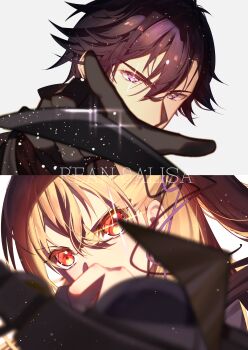 Rule 34 | 1boy, 1girl, absurdres, alisa reinford, black gloves, black hair, blonde hair, close-up, crossed bangs, double-parted bangs, eiyuu densetsu, english text, gloves, grey background, hair between eyes, highres, izkasuzu, purple eyes, rean schwarzer, red eyes, sen no kiseki, sen no kiseki (series), sen no kiseki iii, simple background