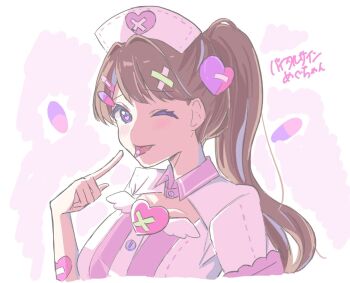 1girl alternate_costume bandaid bandaid_hair_ornament blush breasts brown_hair collarbone collared_shrug commentary_request fujishima_megumi hair_intakes hair_ornament hairclip hat heart heart-shaped_pupils heart_hair_ornament link!_like!_love_live! looking_at_viewer love_live! medium_breasts nurse_cap one_eye_closed paint_chat_(medium) parallel_hairclips pill pill_hair_ornament pill_on_tongue pink_background ponytail purple_eyes shrug_(clothing) solo symbol-shaped_pupils tikuwa_l upper_body virtual_youtuber vital_sign_(love_live!) white_shrug