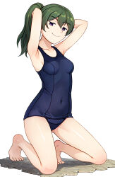Rule 34 | 1girl, armpits, arms behind back, barefoot, breasts, collarbone, covered navel, full body, green hair, highres, kneeling, looking at viewer, medium breasts, neopure, old school swimsuit, purple eyes, school swimsuit, side ponytail, smile, solo, sousou no frieren, swimsuit, ubel (sousou no frieren)