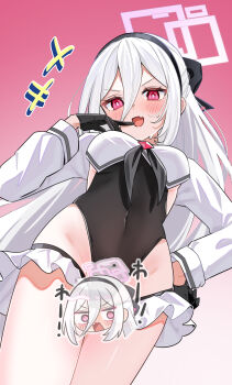 +++ 1girl :d @_@ absurdres black_bow black_gloves black_leotard black_neckerchief blue_archive blush bow breasts bright_pupils censored commentary_request cosplay covered_navel cowboy_shot double-parted_bangs dutch_angle embarrassed fang frilled_thigh_strap from_below gloves gradient_background groin hair_between_eyes hair_bow half_updo halo hand_on_own_hip hand_up highleg highleg_leotard highres kei_(blue_archive) kei_(new_body)_(blue_archive) laughing leotard long_hair long_hair_between_eyes long_sleeves looking_at_viewer neckerchief novelty_censor ojou-sama_pose open_mouth papiko_(mochipapiko) pink_background pink_halo rectangular_halo red_eyes ringed_eyes shimiko_(blue_archive) shimiko_(blue_archive)_(cosplay) shimiko_(magical)_(blue_archive) shrug_(clothing) sidelocks simple_background skin_fang small_breasts smile solo straight_hair sweat thigh_strap thighs underboob v-shaped_eyebrows very_long_hair wavy_mouth white_hair white_pupils white_shrug wide-eyed