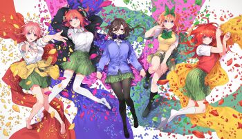 Rule 34 | 5girls, absurdres, barefoot, black jacket, black pantyhose, black socks, breasts, brown hair, butterfly hair ornament, cardigan, cardigan around waist, closed mouth, clothes around waist, collared shirt, commentary request, go-toubun no hanayome, green petals, green ribbon, green skirt, hair ornament, hair ribbon, haruba negi, headphones, headphones around neck, highres, jacket, large breasts, looking at viewer, multiple girls, nakano ichika, nakano itsuki, nakano miku, nakano nino, nakano yotsuba, no shoes, open mouth, orange hair, outstretched arms, pantyhose, parted lips, pink hair, pink petals, pleated skirt, purple cardigan, purple eyes, purple petals, quintuplets, red hair, red petals, red sweater vest, ribbon, shirt, short hair, siblings, sisters, skirt, smile, socks, star (symbol), star hair ornament, sweater vest, thighhighs, white shirt, white socks, white thighhighs, yellow cardigan, yellow petals, yellow sweater vest