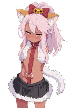 1girl animal_ear_fluff animal_ears arms_behind_back bare_shoulders bell belt black_skirt blush bow breasts cat_ears cat_tail chloe_von_einzbern chloe_von_einzbern_(beast_style) collar dark-skinned_female dark_skin fake_animal_ears fate/kaleid_liner_prisma_illya fate_(series) fur-trimmed_skirt fur_trim hair_bow highres jingle_bell loli long_hair navel o-ring orange_eyes pink_hair ponytail red_bow revealing_clothes rougetsu_(eclipse) sidelocks skirt small_breasts stomach_tattoo tail tattoo thighs