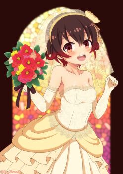 1girl alternate_costume bouquet bridal_veil brown_eyes brown_hair commentary_request dress elbow_gloves flower gloves gradient_hair highres holding holding_bouquet kantai_collection multicolored_hair mutsuki_(kancolle) ootori_(kyoya-ohtori) open_mouth red_hair short_hair smile solo stained_glass strapless strapless_dress teeth upper_teeth_only veil wedding_dress yellow_dress yellow_gloves