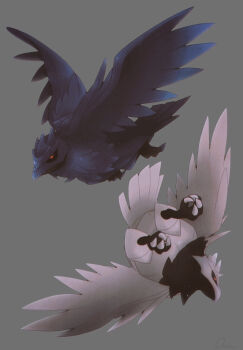 alternate_color animal_focus claws commentary_request corviknight full_body gen_8_pokemon grey_background highres nintendo no_humans ouran pokemon pokemon_(creature) red_eyes shiny_pokemon simple_background