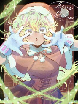 1girl :o boku_no_hero_academia capelet colored_eyelashes commentary_request corset dress eyelashes fur-trimmed_capelet fur-trimmed_headwear fur-trimmed_skirt fur_trim gloves green_hair hagakure_toru hat kikiki_1123 looking_at_viewer merry_christmas open_mouth pom_pom_(clothes) red_capelet red_corset red_dress santa_costume santa_dress santa_hat skirt solo upper_body wavy_hair white_gloves yellow_eyes