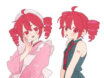 1girl ahoge alternate_costume apron bare_arms bare_shoulders breast_pocket buttons collared_shirt drill_hair enmaided grey_shirt hand_up hashtag-only_commentary highres japanese_clothes kasane_teto kasane_teto_(utau) kimono komori_kamome looking_at_viewer maid maid_apron maid_headdress multiple_views open_mouth pink_kimono pocket red_eyes red_hair shirt sleeveless sleeveless_shirt smile twin_drills upper_body utau wa_maid white_apron