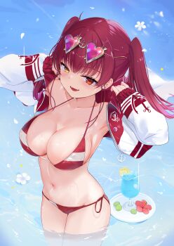 1girl absurdres alternate_costume armpits bikini blush breasts cleavage collarbone commentary drink eyewear_on_head fang halterneck heart heart-shaped_eyewear heterochromia highres hololive houshou_marine houshou_marine_(summer) jacket jacket_over_swimsuit large_breasts long_hair looking_at_viewer multicolored_jacket namelessdays navel open_clothes open_jacket pink-tinted_eyewear red_bikini red_eyes revision side-tie_bikini_bottom smile soda solo stomach string_bikini swimsuit tinted_eyewear twintails two-tone_jacket virtual_youtuber wading